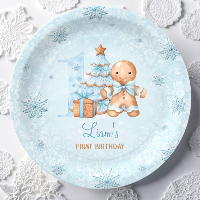 1st Birthday Gingerbread Man Boy Blue Christmas Paper Plate (1st Birthday Gingerbread Man Boy Blue Christmas Paper Plates)