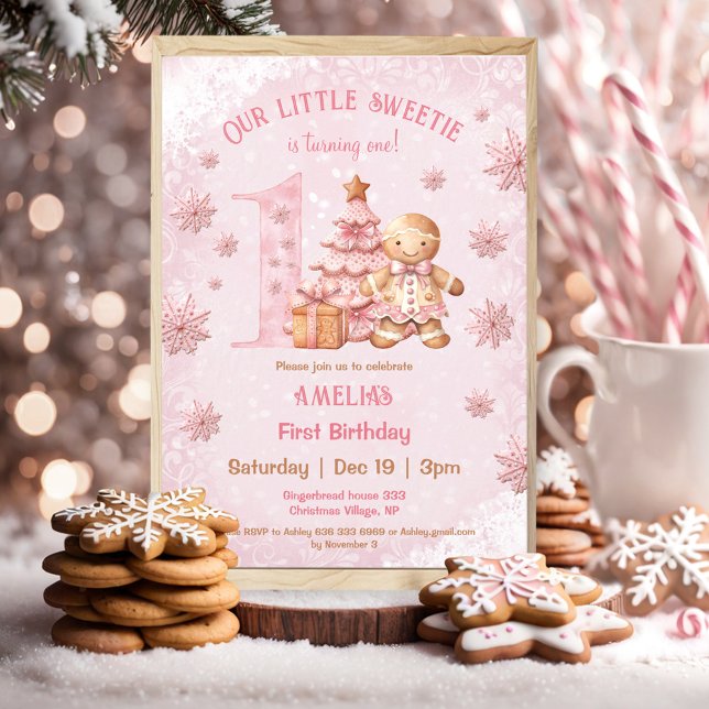 1st Birthday Gingerbread Man Girl Pink Christmas Invitation (1st Birthday Gingerbread Man Girl Pink Christmas Invitation)