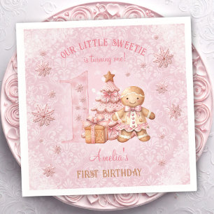 1st Birthday Gingerbread Man Girl Pink Christmas Napkin