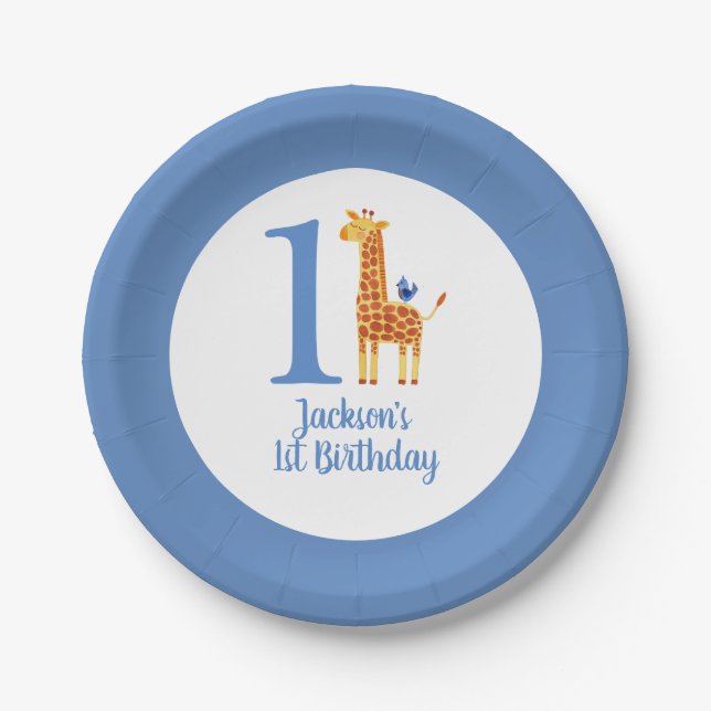 1st Birthday Giraffe & Bird Paper Plate (Front)