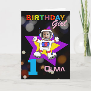 1st birthday girl astronaut space theme photo card