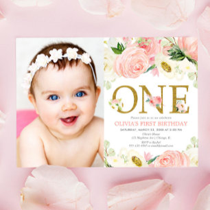 1st birthday girl, blush pink gold floral photo invitation