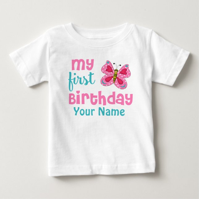 1st Birthday Girl Butterfly Pink Personalised Baby T-Shirt (Front)