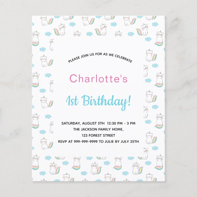1st Birthday girl cat unicorn pink blue budget Flyer (Front)