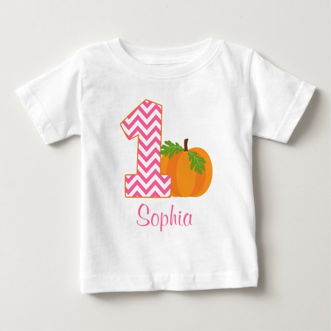 1st Birthday Girl Chevron Pumpkin Personalised Baby T-Shirt (Front)