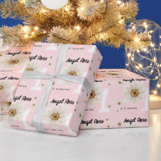 1st Birthday Girl Cute Floral Daisy Pink Custom Wrapping Paper