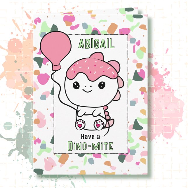 1st Birthday Girl Dinosaur Cartoon Adorable  Card (Creator Uploaded)