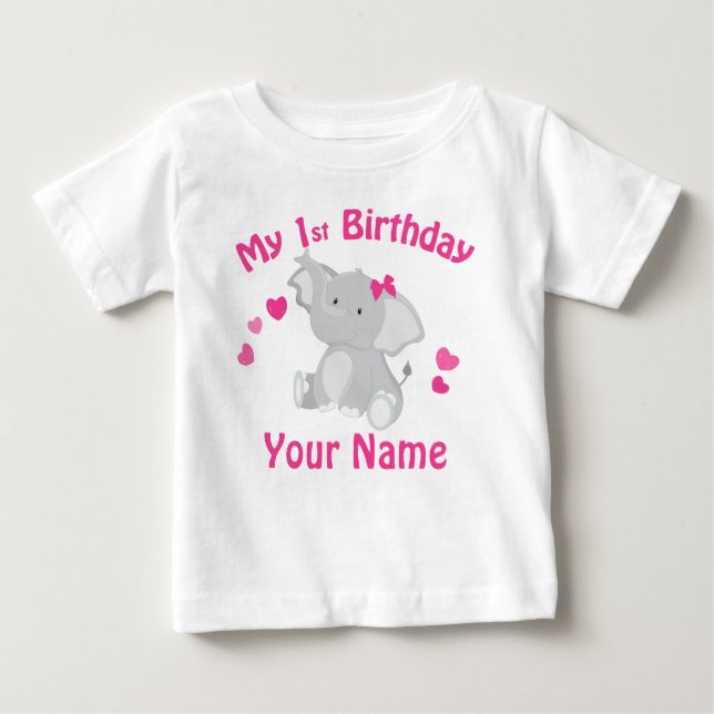 1st Birthday Girl Elephant Personalised T Shirt (Front)