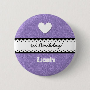 1st Birthday Girl Heart and Scalloped Ribbon v2A 6 Cm Round Badge