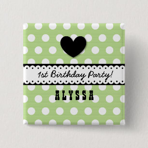 1st Birthday Girl Heart Scalloped Ribbon Green G5 15 Cm Square Badge