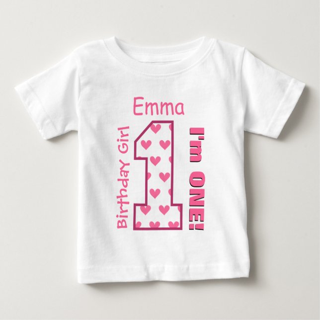 1st Birthday Girl Hearts One Year Custom Name V009 Baby T-Shirt (Front)