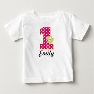 1st Birthday Girl Hot Pink & Green Dots Baby T-Shirt