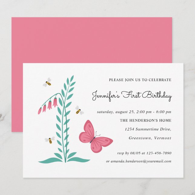 1st Birthday Girl Party Floral Botanical Butterfly Invitation (Front/Back)