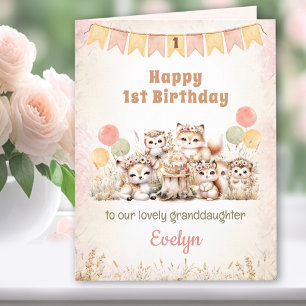 1st Birthday Girl Pink Boho Woodland Animals Card