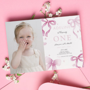 1st Birthday Girl Pink Bow Fancy One Cute Photo  Invitation