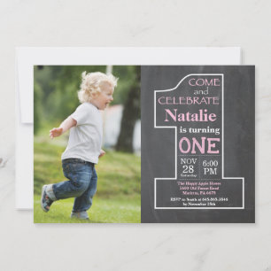 1st Birthday Girl Pink Chalkboard Photo Invitation