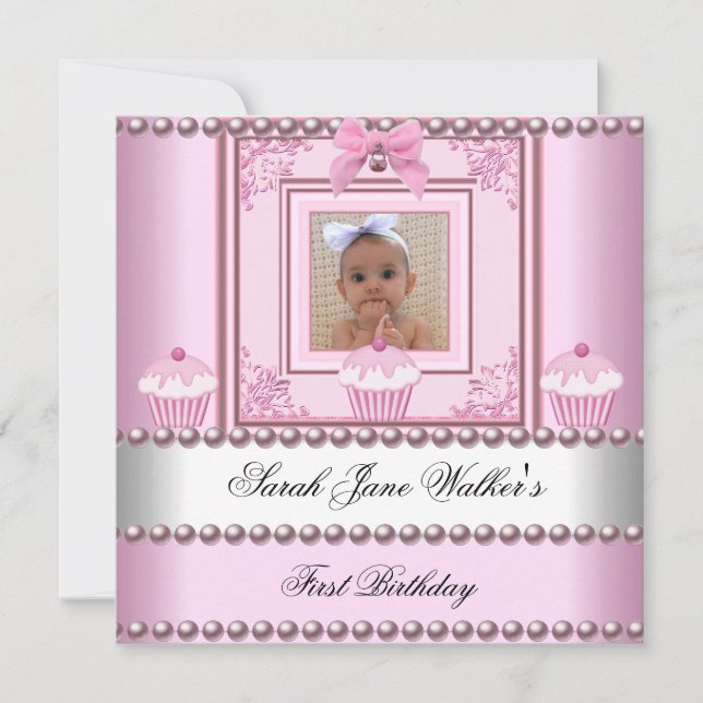 1st Birthday Girl Pink Cupcakes White Pearl Baby Invitation (Front)