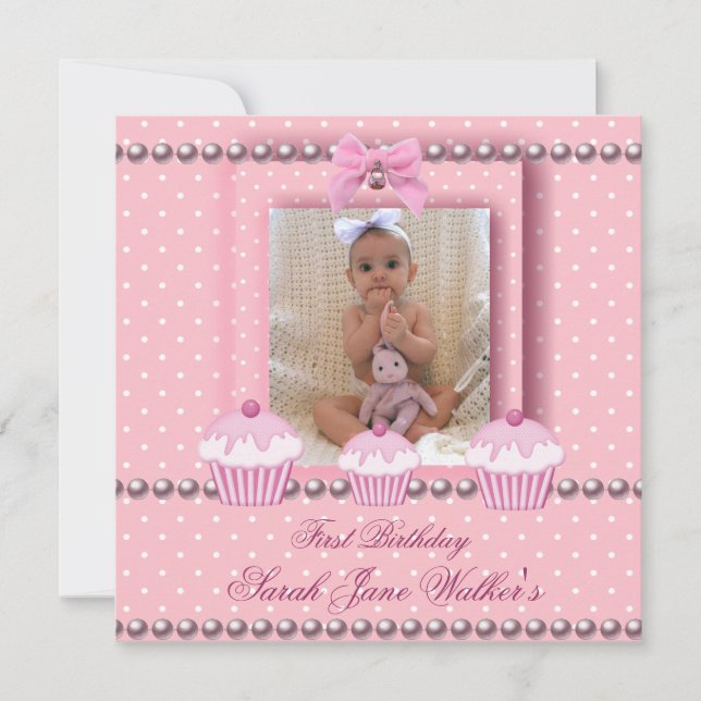 1st Birthday Girl Pink Cupcakes White Pearl Baby Invitation (Front)