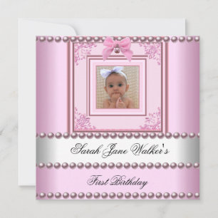 1st Birthday Girl Pink White Pearl Photo First 2 Invitation
