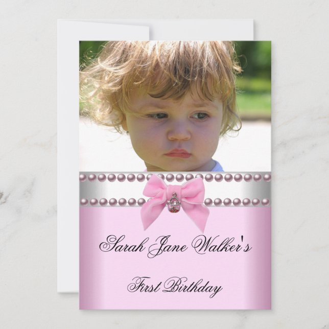1st Birthday Girl Pink White Pearl Photo First Invitation (Front)