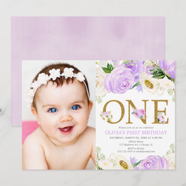 1st birthday girl, purple gold floral photo invitation (Front/Back)
