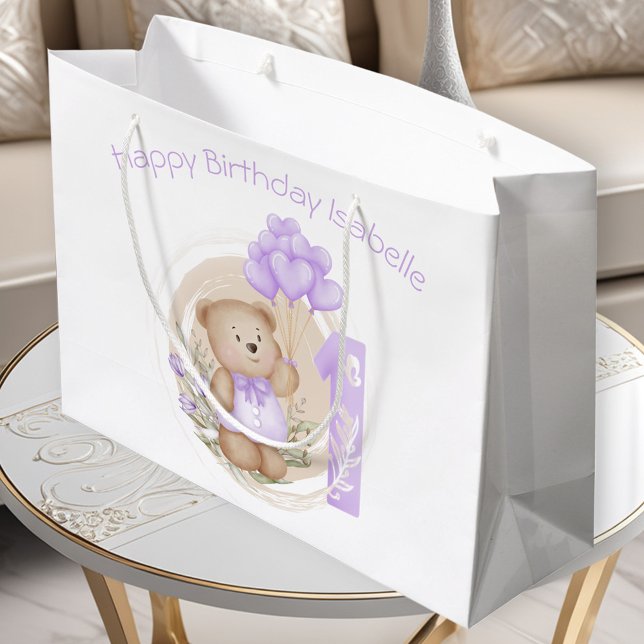 1st Birthday Girl Purple Name Gift Bag (Cute Personalized Name 1st Birthday Girl Purple Gift Bag)