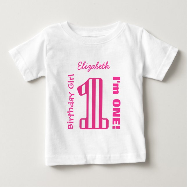 1st Birthday Girl STRIPED One Year Custom V03F Baby T-Shirt (Front)