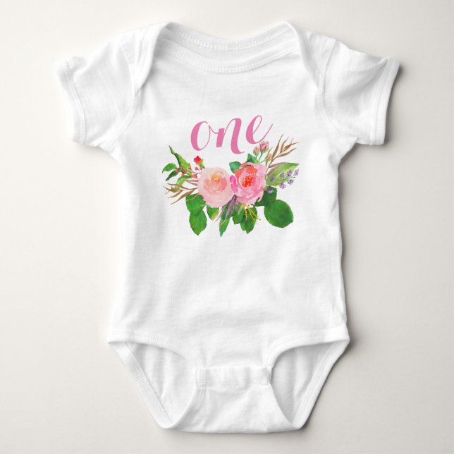 1st Birthday Girl | Watercolor Floral Personalised Baby Bodysuit (Front)