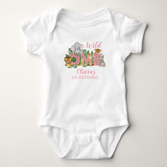 1st Birthday girl Wild One Jungle Safari Animals   Baby Bodysuit (Front)