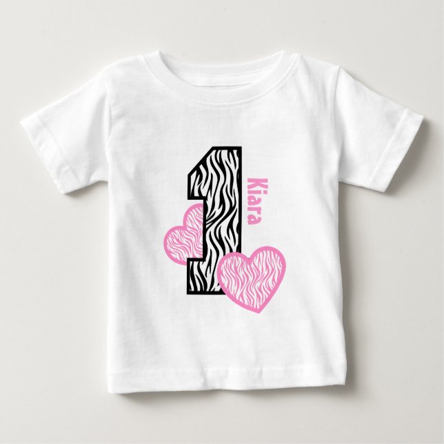 1st Birthday GIRL Zebra Pink Hearts  1 Year Old Baby T-Shirt (Front)