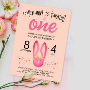 1st Birthday Girly Bunny Pastel Pink Dots Invitation
