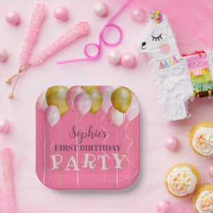1st Birthday Girly Pink & Gold Balloon Birthday Paper Plate