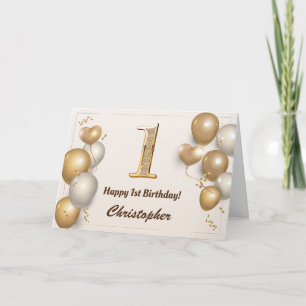 1st Birthday Gold Balloons and Confetti Birthday Card