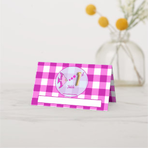 1st Birthday Gold Foil Balloon Pink Gingham Fish Place Card