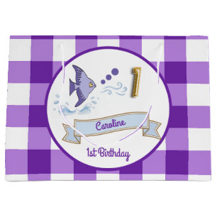 1st Birthday Gold Foil Balloon Purple Gingham Fish Large Gift Bag