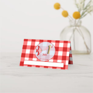 1st Birthday Gold Foil Balloon Red Gingham Fish  Place Card