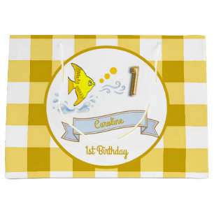 1st Birthday Gold Foil Balloon Yellow Gingham Fish Large Gift Bag