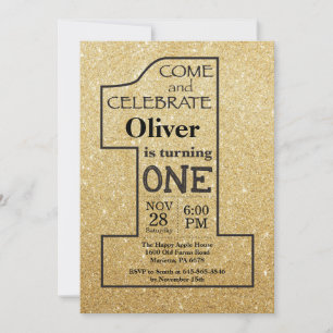 1st Birthday Gold Glitter and Black Invitation