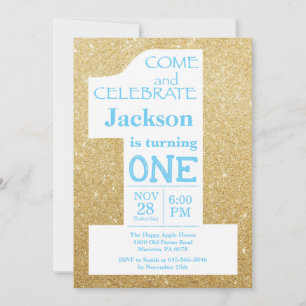 1st Birthday Gold Glitter and Blue Invitation