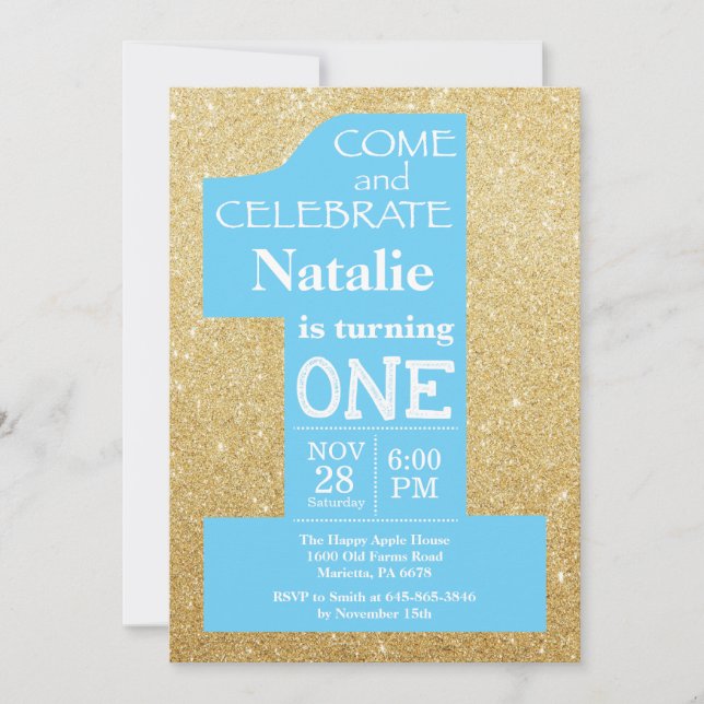 1st Birthday Gold Glitter and Blue Invitation (Front)