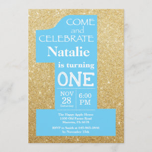 1st Birthday Gold Glitter and Blue Invitation