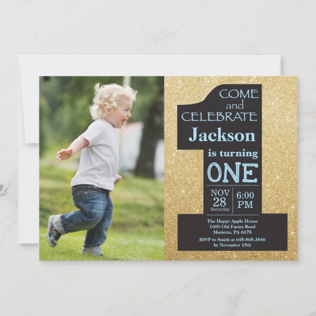 1st Birthday Gold Glitter and Blue Photo Invitation (Front)