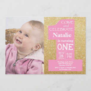 1st Birthday Gold Glitter and Pink Photo Invitation