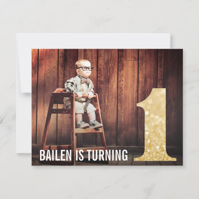 1st Birthday Gold Glitter One Photo Invitation (Front)