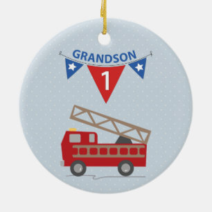 1st Birthday Grandson, Firetruck Ceramic Tree Decoration