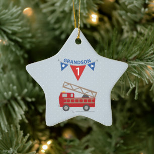 1st Birthday Grandson, Firetruck Ceramic Tree Decoration