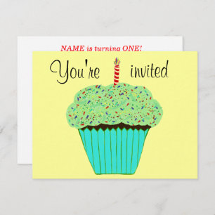 1st Birthday Green Cupcake Invitation CUSTOMIZE