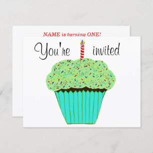 1st Birthday Green Cupcake Invitation CUSTOMIZE