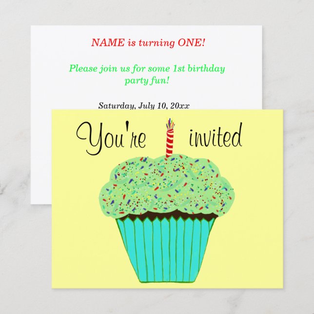 1st Birthday Green Cupcake Name Any AGE Invitation (Front/Back)