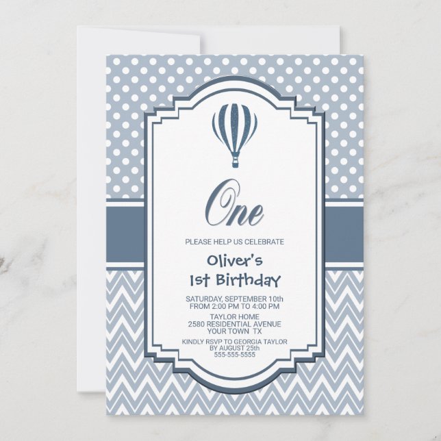 1st Birthday Grey Hot Air Balloon Party Invitation (Front)